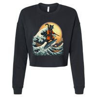 Samurai Cat Riding Shark Epic Wave Cat Lovers Costume Cropped Pullover Crew