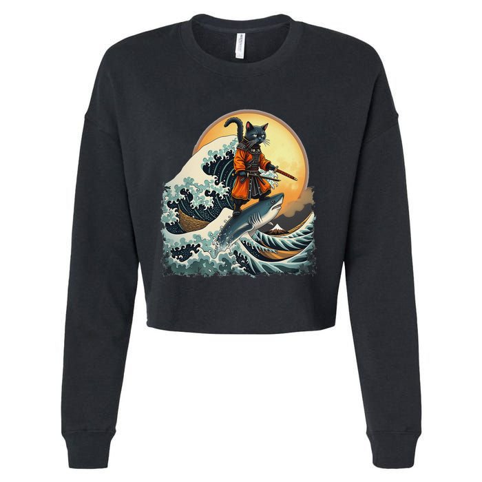 Samurai Cat Riding Shark Epic Wave Cat Lovers Costume Cropped Pullover Crew