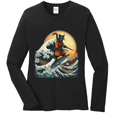 Samurai Cat Riding Shark Epic Wave Cat Lovers Costume Ladies Long Sleeve Shirt