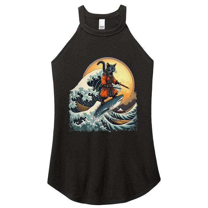 Samurai Cat Riding Shark Epic Wave Cat Lovers Costume Women's Perfect Tri Rocker Tank
