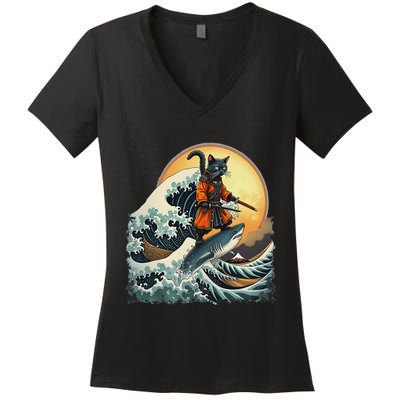 Samurai Cat Riding Shark Epic Wave Cat Lovers Costume Women's V-Neck T-Shirt