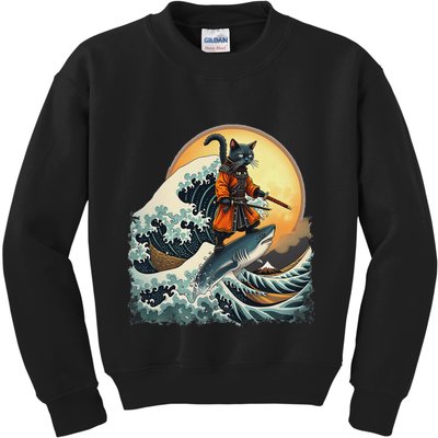 Samurai Cat Riding Shark Epic Wave Cat Lovers Costume Kids Sweatshirt