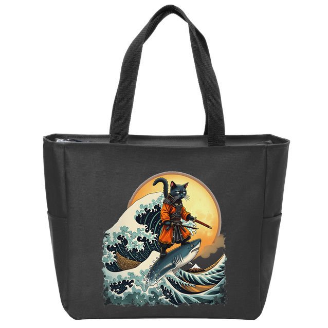 Samurai Cat Riding Shark Epic Wave Cat Lovers Costume Zip Tote Bag