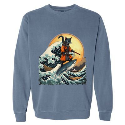 Samurai Cat Riding Shark Epic Wave Cat Lovers Costume Garment-Dyed Sweatshirt