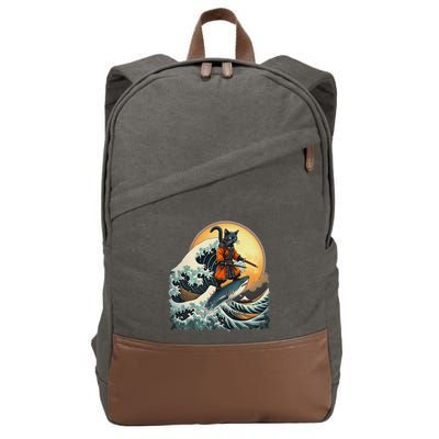 Samurai Cat Riding Shark Epic Wave Cat Lovers Costume Cotton Canvas Backpack
