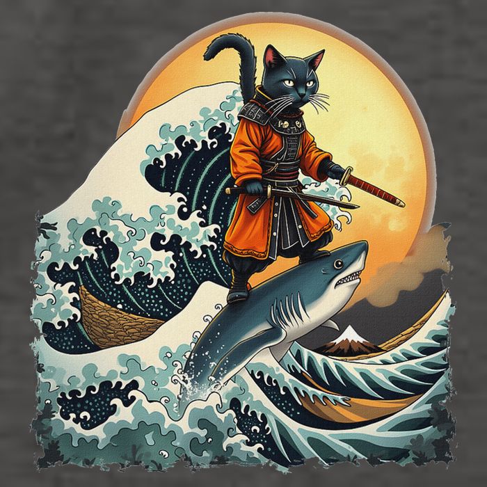 Samurai Cat Riding Shark Epic Wave Cat Lovers Costume Vector Backpack