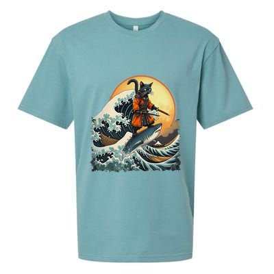 Samurai Cat Riding Shark Epic Wave Cat Lovers Costume Sueded Cloud Jersey T-Shirt