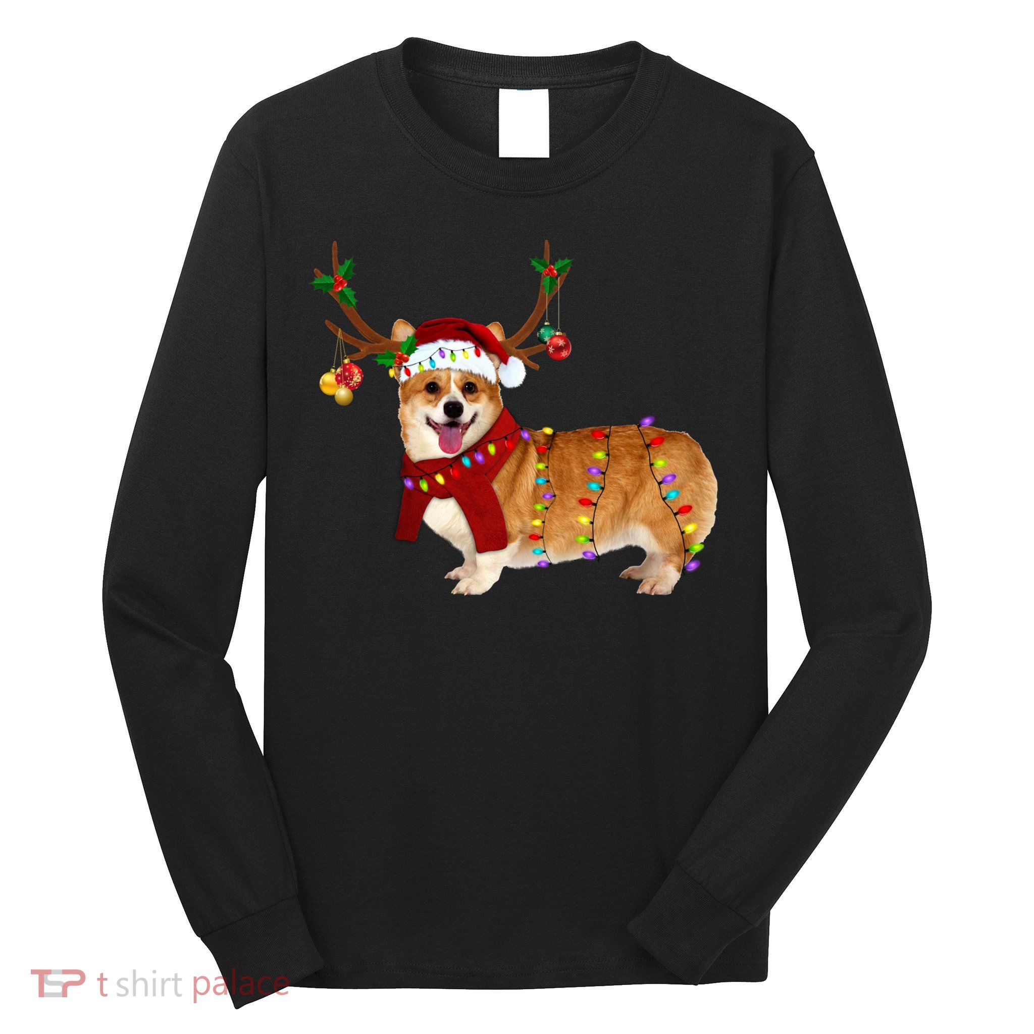 Santa Corgi Reindeer Light Christmas Gift Long Sleeve Shirt