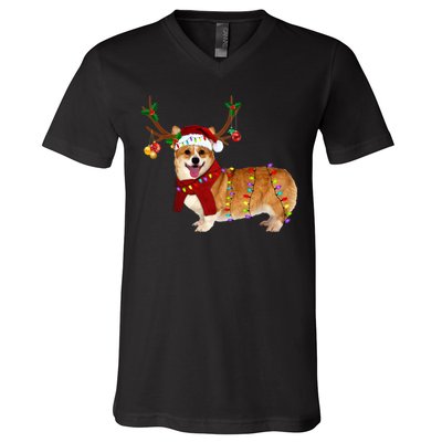 Santa Corgi Reindeer Light Christmas Gift V-Neck T-Shirt