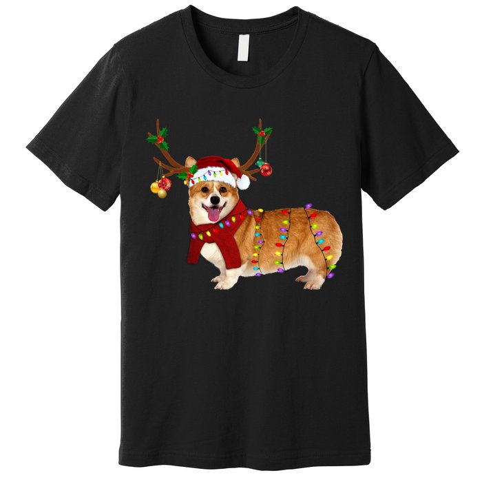 Santa Corgi Reindeer Light Christmas Gift Premium T-Shirt