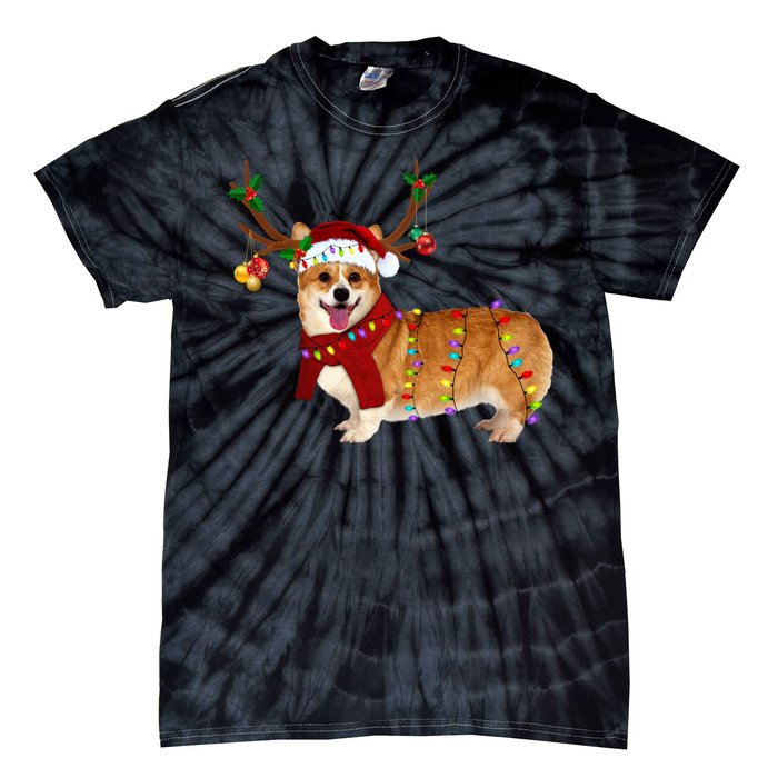 Santa Corgi Reindeer Light Christmas Gift Tie-Dye T-Shirt