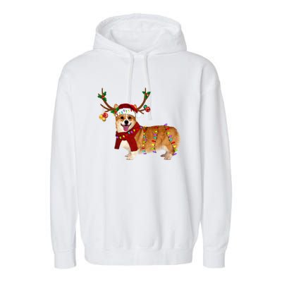 Santa Corgi Reindeer Light Christmas Gift Garment-Dyed Fleece Hoodie