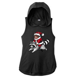 Santa Cat Raccoon Funny Christmas Animal Lover Ladies PosiCharge Tri-Blend Wicking Draft Hoodie Tank