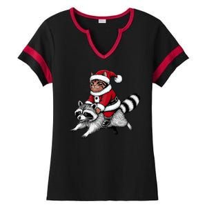 Santa Cat Raccoon Funny Christmas Animal Lover Ladies Halftime Notch Neck Tee