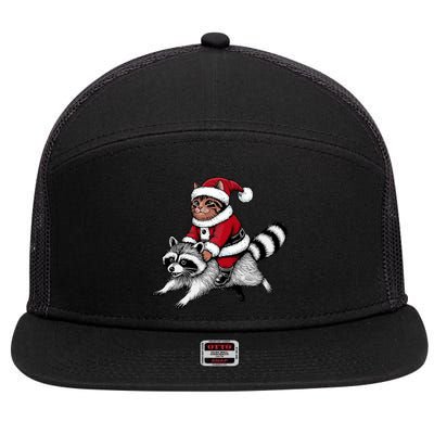 Santa Cat Raccoon Funny Christmas Animal Lover 7 Panel Mesh Trucker Snapback Hat