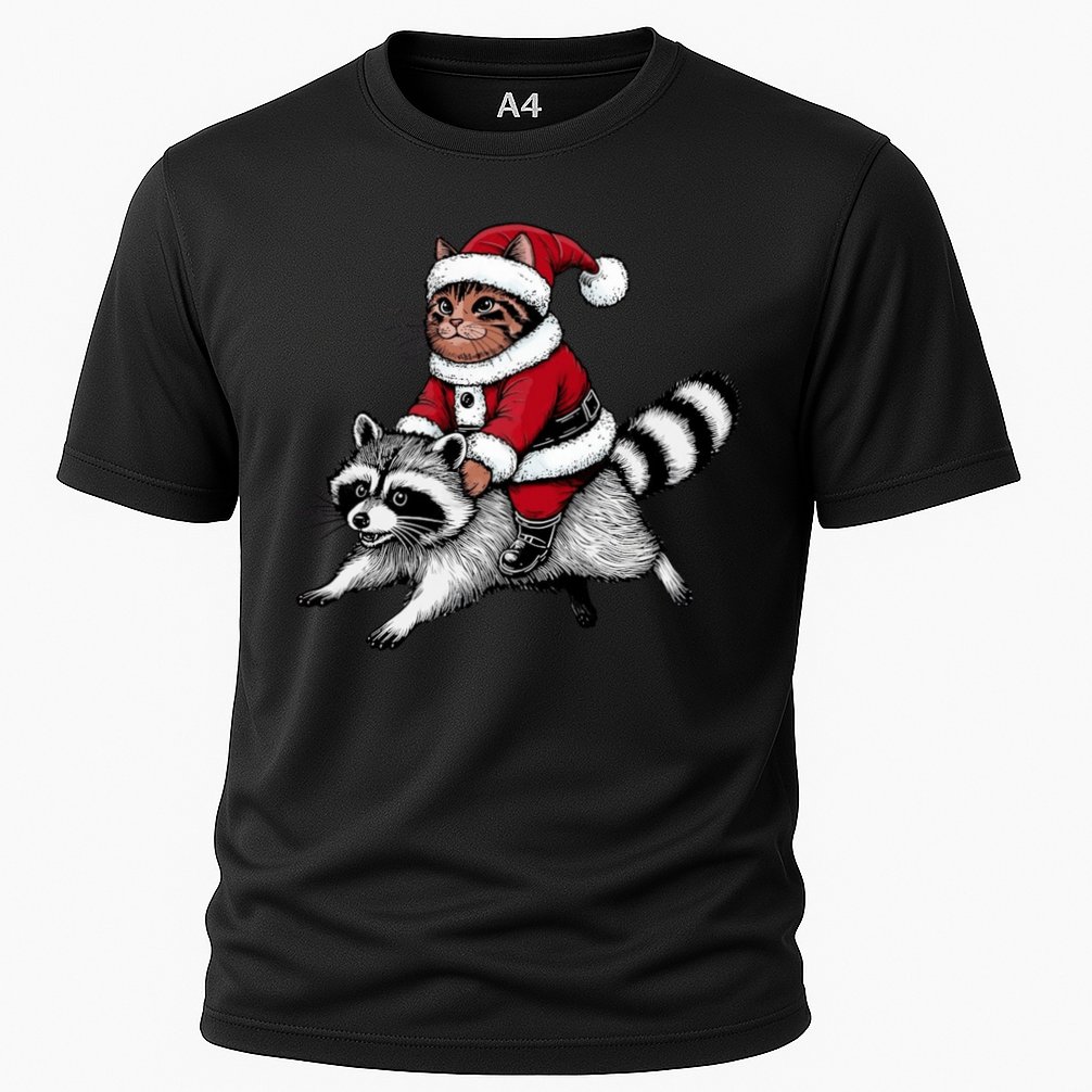 Santa Cat Raccoon Funny Christmas Animal Lover Cooling Performance Crew T-Shirt