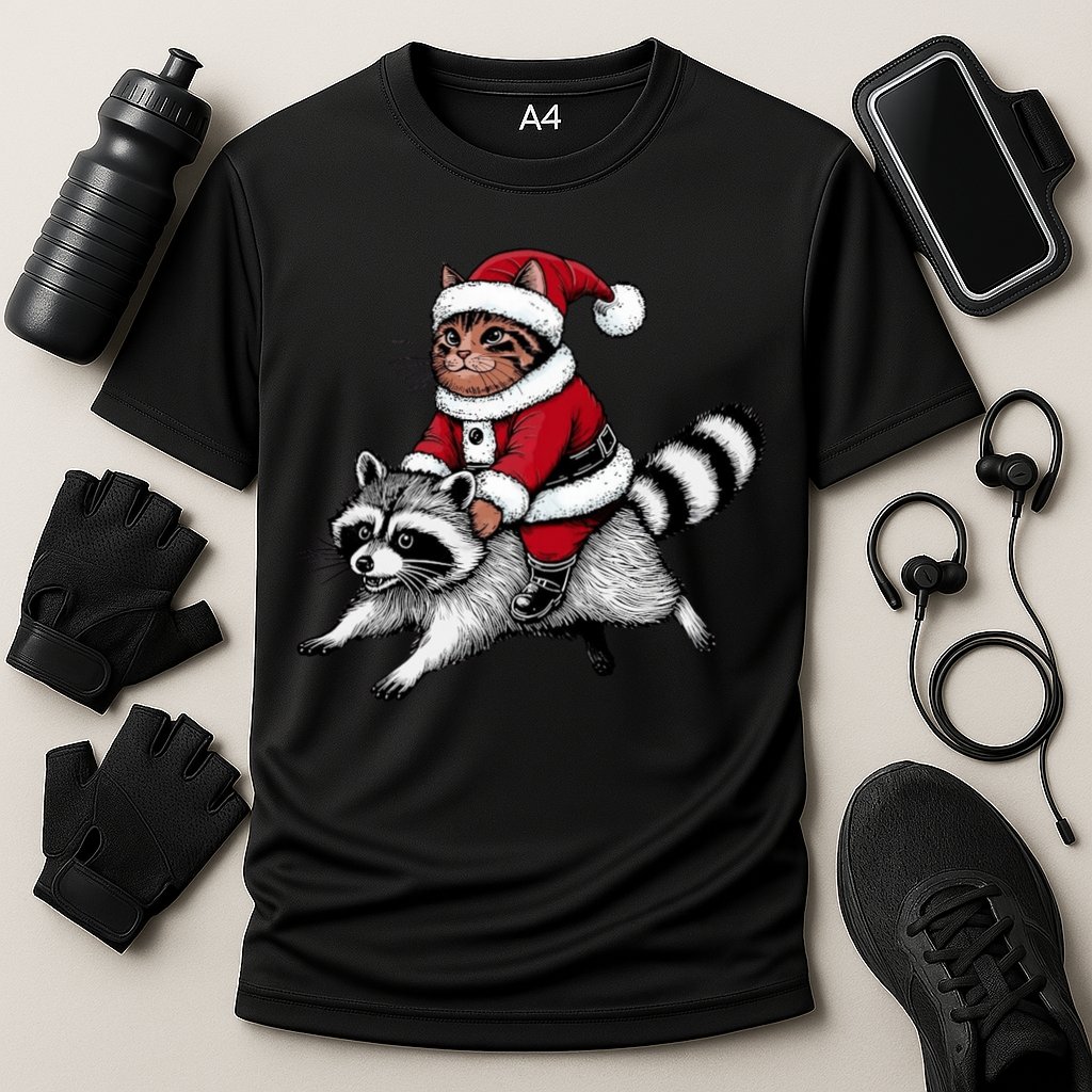 Santa Cat Raccoon Funny Christmas Animal Lover Cooling Performance Crew T-Shirt