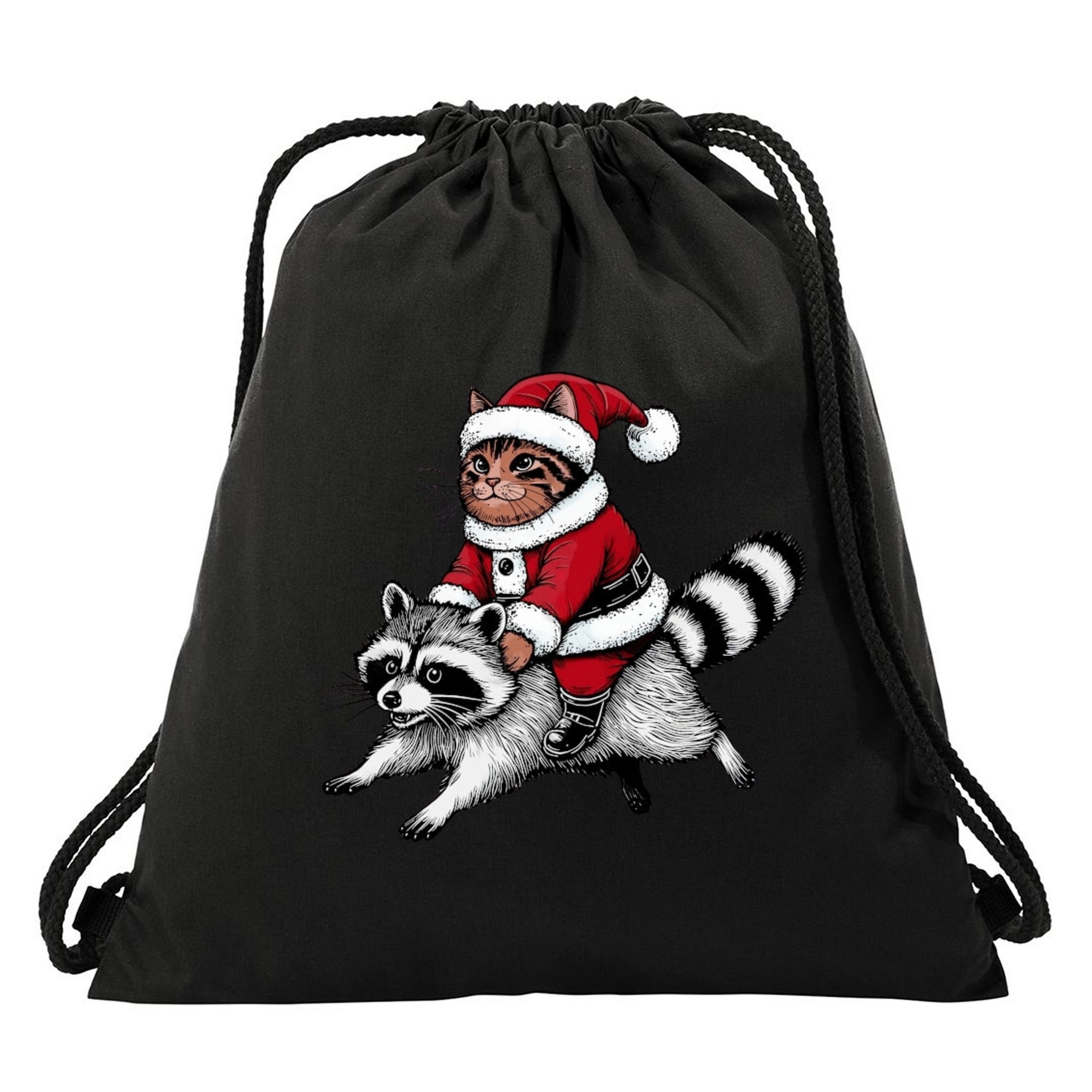 Santa Cat Raccoon Funny Christmas Animal Lover Drawstring Bag