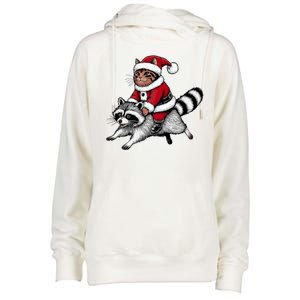 Santa Cat Raccoon Funny Christmas Animal Lover Womens Funnel Neck Pullover Hood