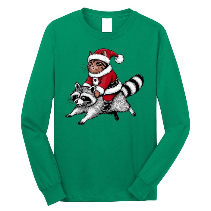 Santa Cat Raccoon Funny Christmas Animal Lover Long Sleeve Shirt