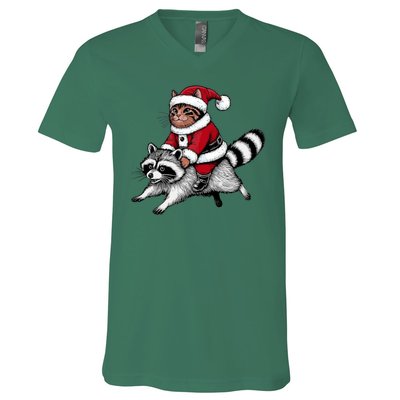 Santa Cat Raccoon Funny Christmas Animal Lover V-Neck T-Shirt