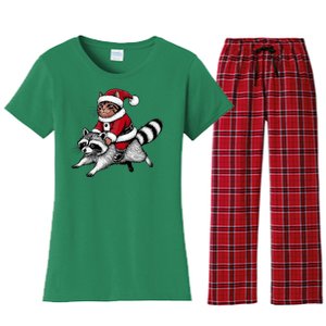 Santa Cat Raccoon Funny Christmas Animal Lover Women's Flannel Pajama Set