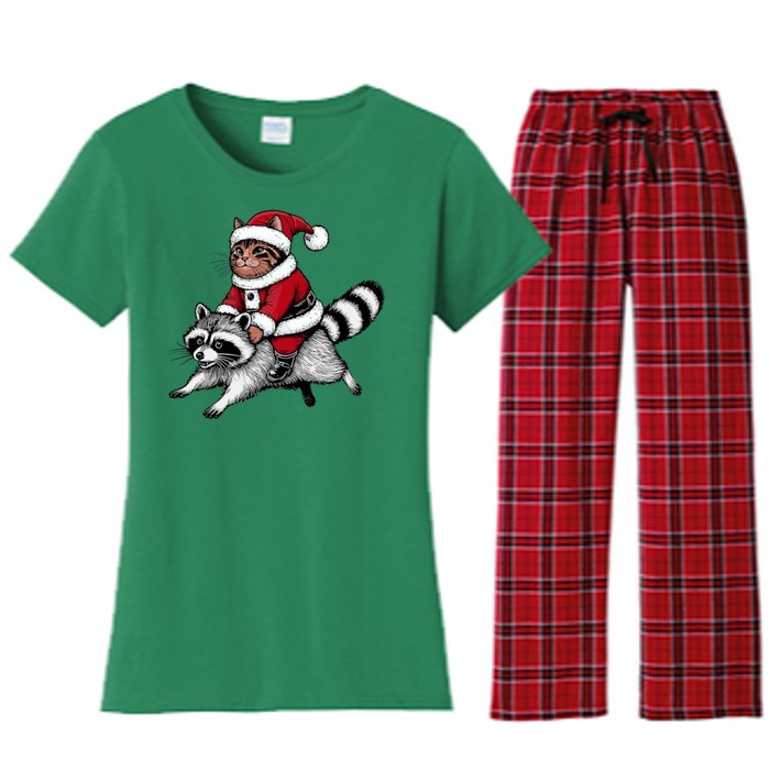 Santa Cat Raccoon Funny Christmas Animal Lover Women's Flannel Pajama Set