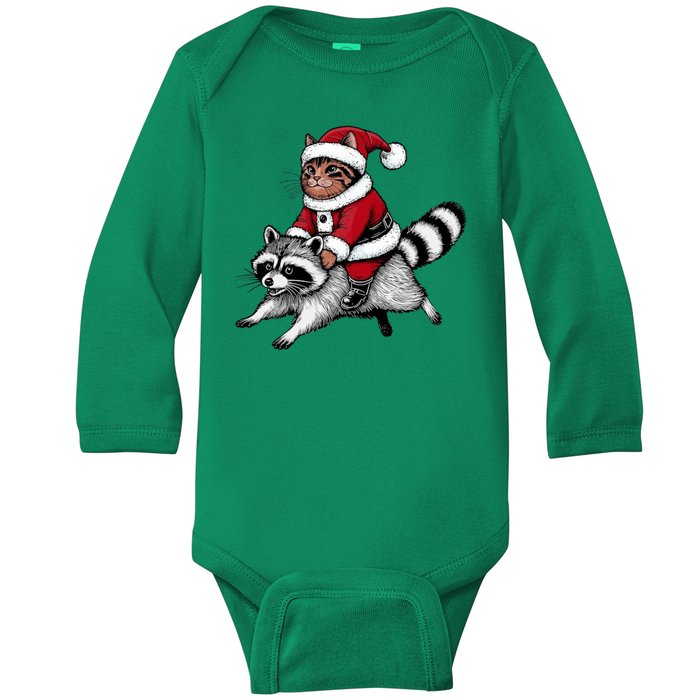 Santa Cat Raccoon Funny Christmas Animal Lover Baby Long Sleeve Bodysuit