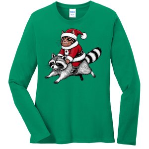 Santa Cat Raccoon Funny Christmas Animal Lover Ladies Long Sleeve Shirt