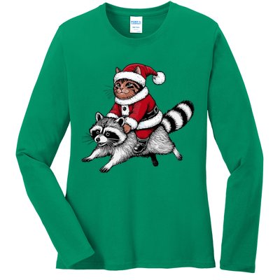 Santa Cat Raccoon Funny Christmas Animal Lover Ladies Long Sleeve Shirt
