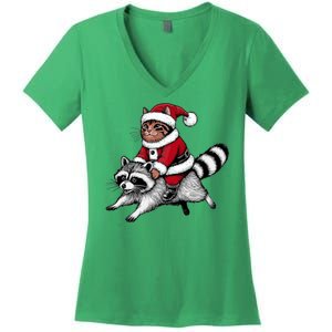 Santa Cat Raccoon Funny Christmas Animal Lover Women's V-Neck T-Shirt