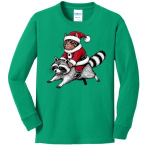 Santa Cat Raccoon Funny Christmas Animal Lover Kids Long Sleeve Shirt