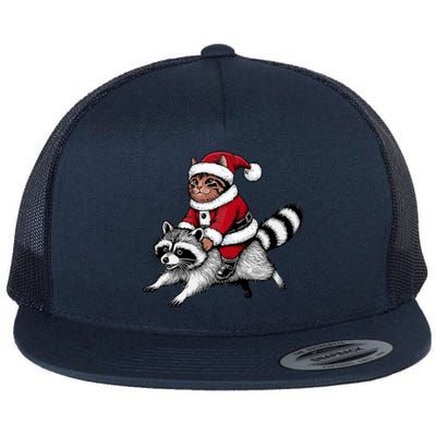 Santa Cat Raccoon Funny Christmas Animal Lover Flat Bill Trucker Hat