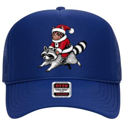 Santa Cat Raccoon Funny Christmas Animal Lover High Crown Mesh Back Trucker Hat