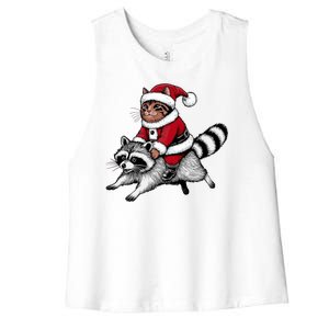 Santa Cat Raccoon Funny Christmas Animal Lover Women's Racerback Cropped Tank