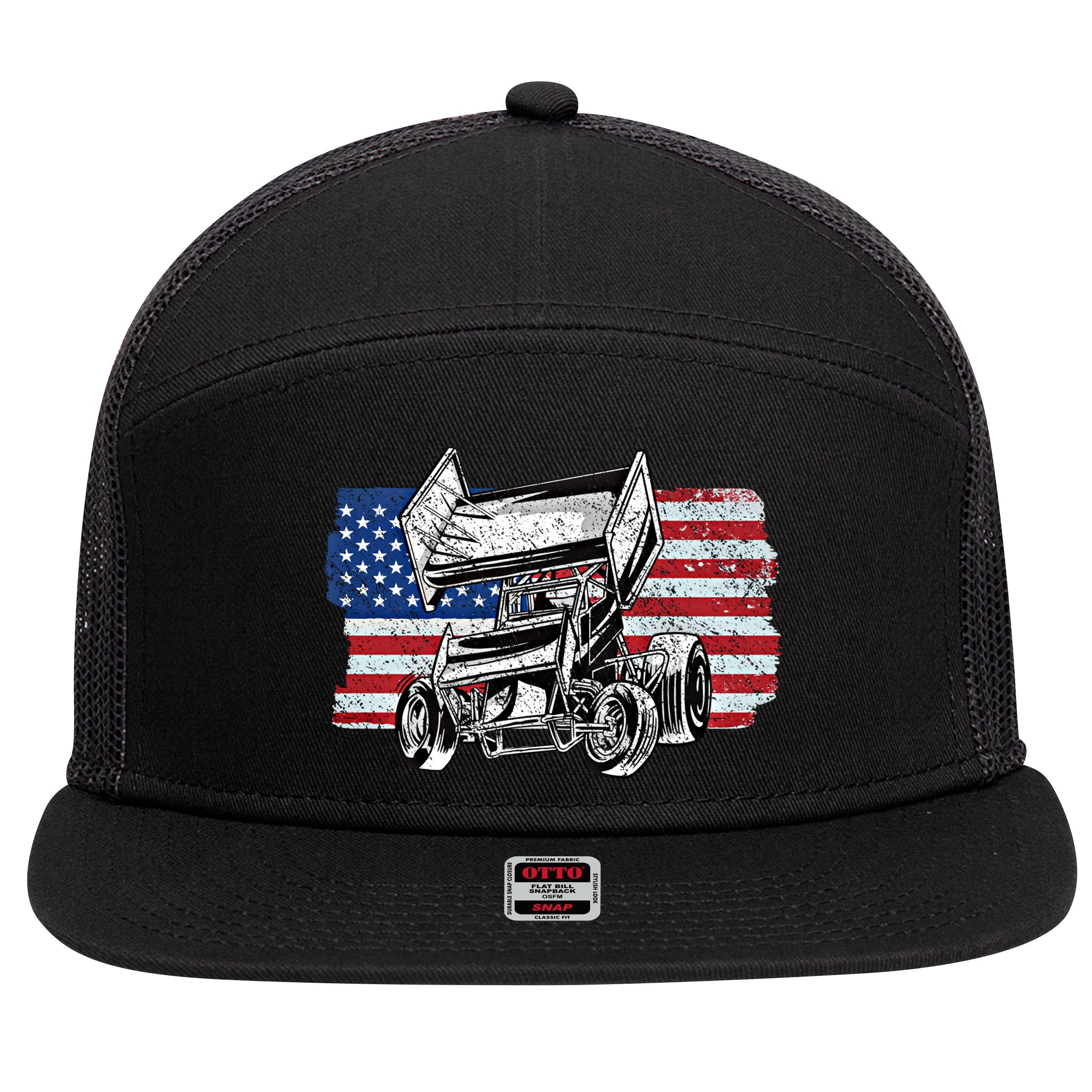 Sprint Car Racing Usa Flag Gift 7 Panel Mesh Trucker Snapback Hat