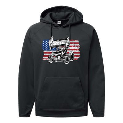 Sprint Car Racing Usa Flag Gift Performance Fleece Hoodie