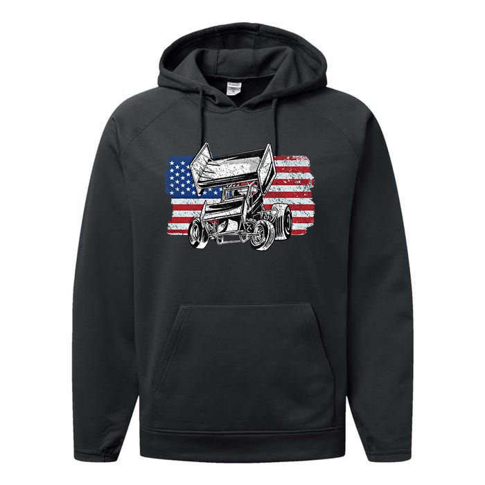 Sprint Car Racing Usa Flag Gift Performance Fleece Hoodie