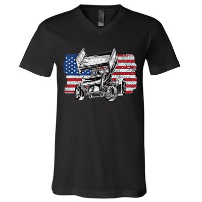 Sprint Car Racing Usa Flag Gift V-Neck T-Shirt