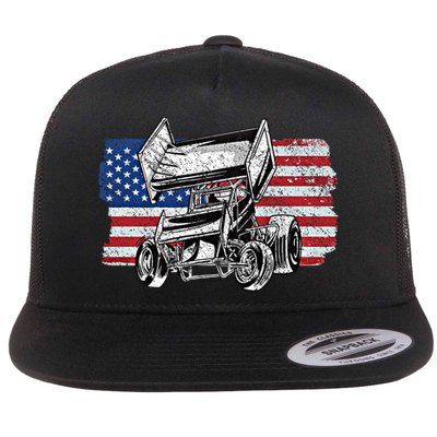 Sprint Car Racing Usa Flag Gift Flat Bill Trucker Hat