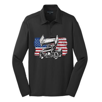 Sprint Car Racing Usa Flag Gift Silk Touch Performance Long Sleeve Polo