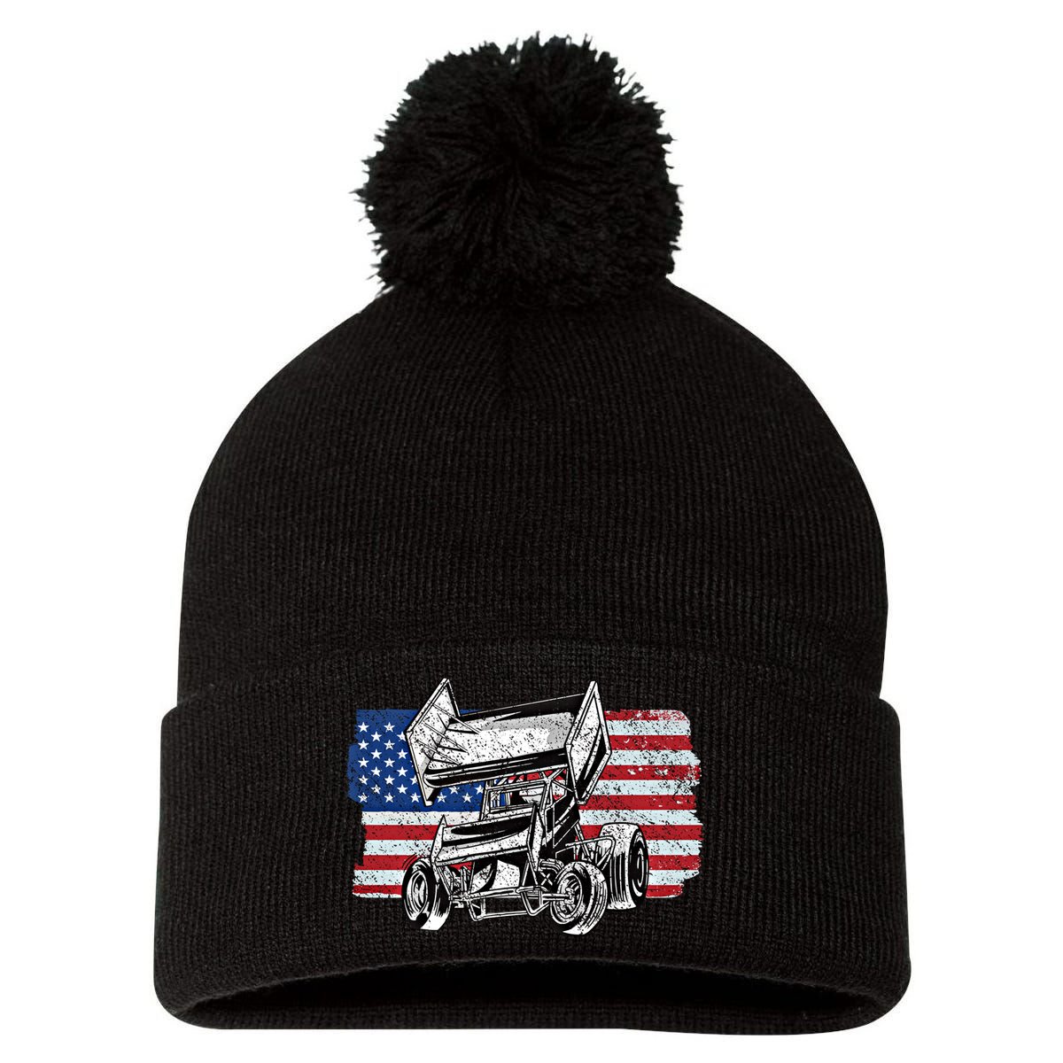 Sprint Car Racing Usa Flag Gift Pom Pom 12in Knit Beanie