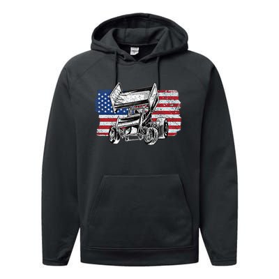 Sprint Car Racing Usa Flag Meaningful Gift Performance Fleece Hoodie