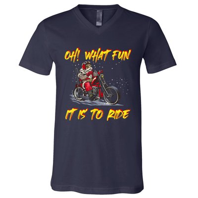 Santa Claus Riding Motorcycle Xmas Biker Present Christmas V-Neck T-Shirt