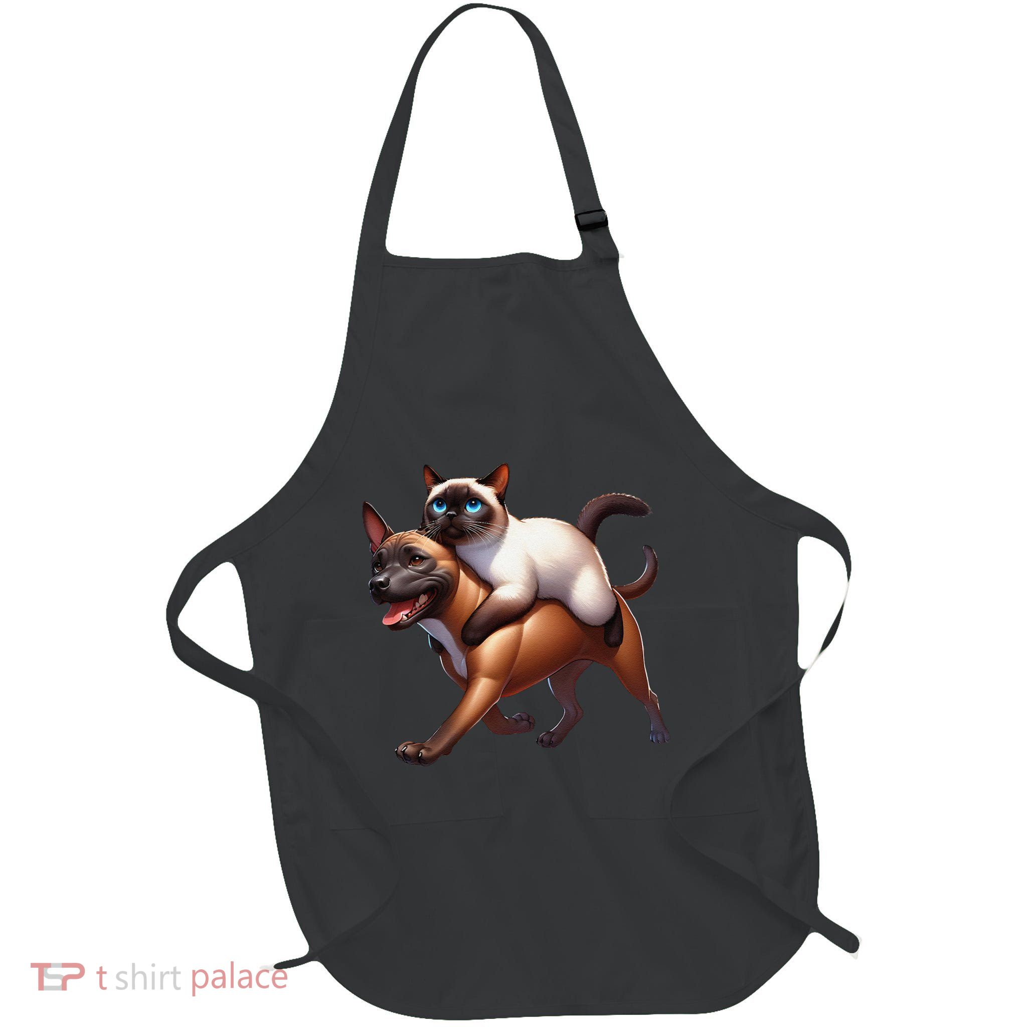Siamese Cat Riding A Dog Full-Length Apron With Pockets