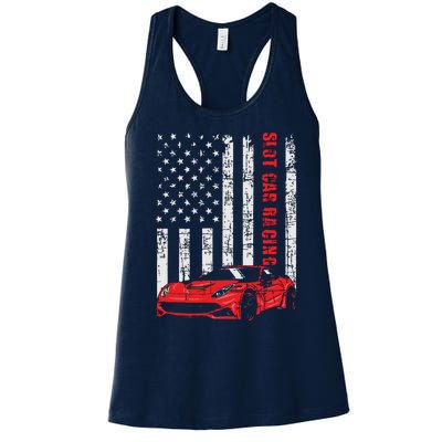 Slot Car Racing USA American Flag Car Lover Drag Racer Women's Racerback Tank