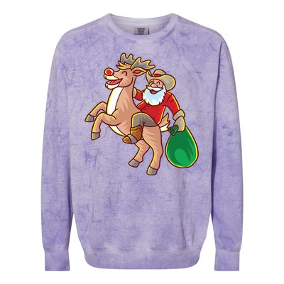 Santa Claus Riding A Reindeer Funny Christmas Cow Claus Gift Colorblast Crewneck Sweatshirt