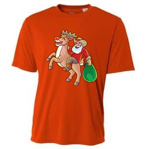 Santa Claus Riding A Reindeer Funny Christmas Cow Claus Gift Cooling Performance Crew T-Shirt