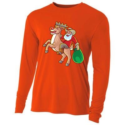 Santa Claus Riding A Reindeer Funny Christmas Cow Claus Gift Cooling Performance Long Sleeve Crew