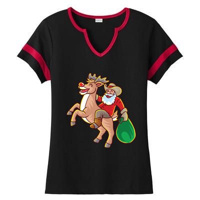 Santa Claus Riding A Reindeer Funny Christmas Cow Claus Gift Ladies Halftime Notch Neck Tee